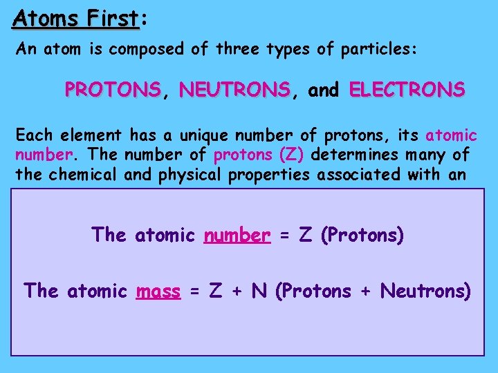 Atoms First: First An atom is composed of three types of particles: PROTONS, PROTONS