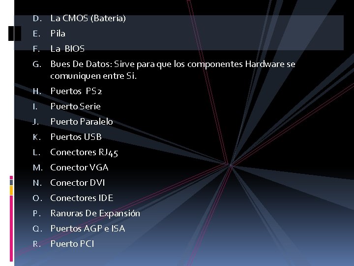 D. La CMOS (Batería) E. Pila F. La BIOS G. Bues De Datos: Sirve