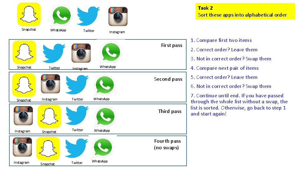 Task 2 Sort these apps into alphabetical order Snapchat Whats. App Twitter Instagram First