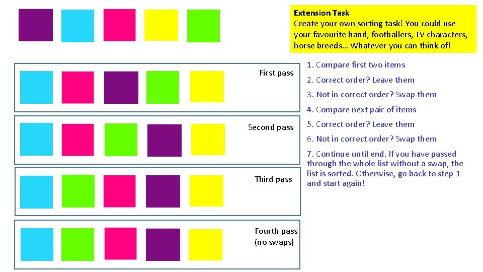 Extension Task Create your own sorting task! You could use your favourite band, footballers,