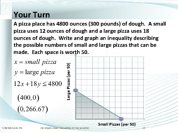 Your Turn Large Pizzas (per 50) A pizza place has 4800 ounces (300 pounds)