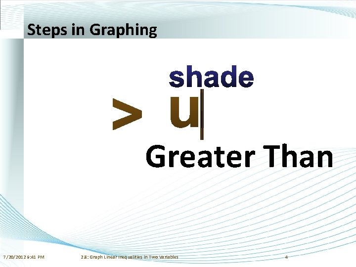 Steps in Graphing Greater Than 7/20/2012 9: 41 PM 2. 8: Graph Linear Inequalities