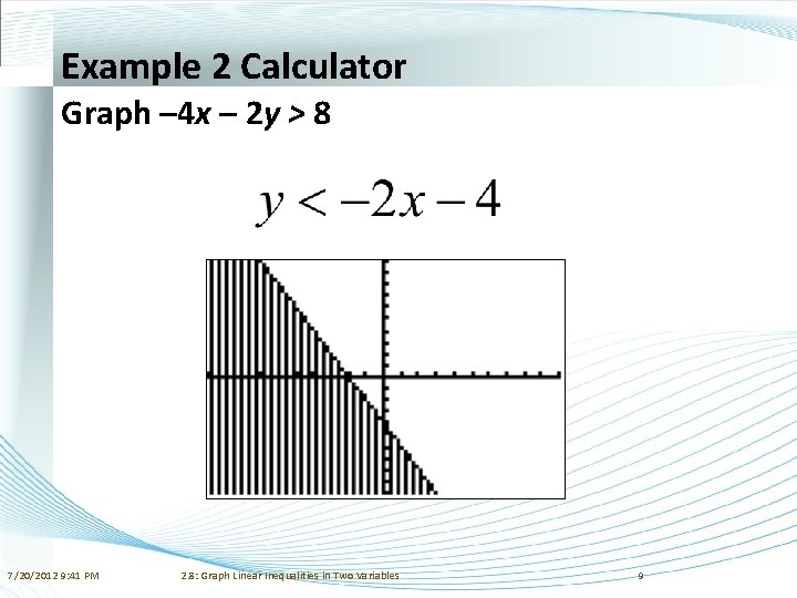 Example 2 Calculator Graph – 4 x – 2 y > 8 7/20/2012 9: