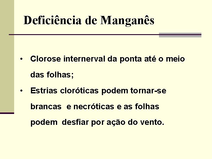 Deficiência de Manganês • Clorose internerval da ponta até o meio das folhas; •