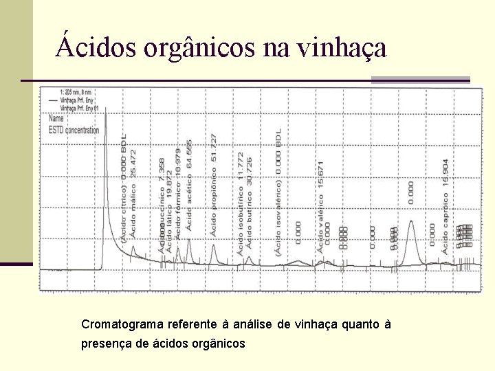 Ácidos orgânicos na vinhaça Cromatograma referente à análise de vinhaça quanto à presença de