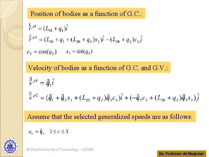 Position of bodies as a function of G. C. : Velocity of bodies as