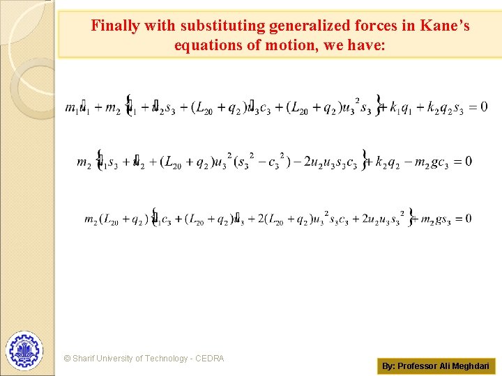 Finally with substituting generalized forces in Kane’s equations of motion, we have: © Sharif