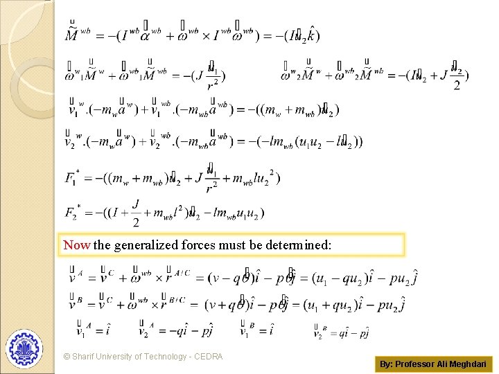 Now the generalized forces must be determined: © Sharif University of Technology - CEDRA