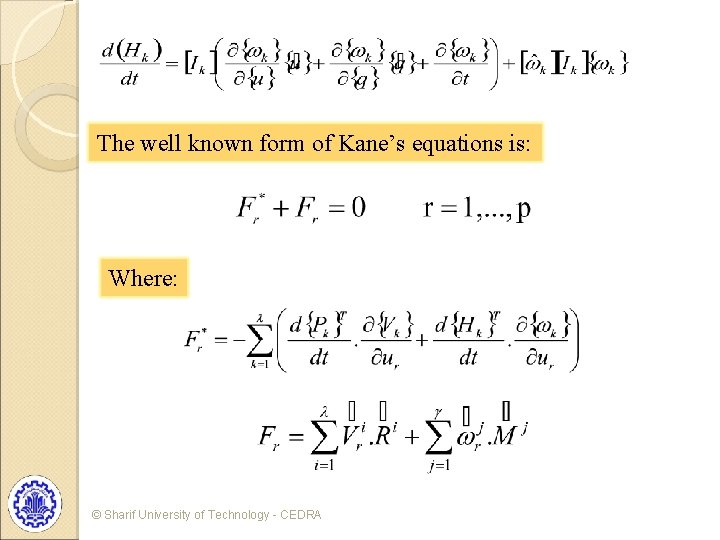 The well known form of Kane’s equations is: Where: © Sharif University of Technology