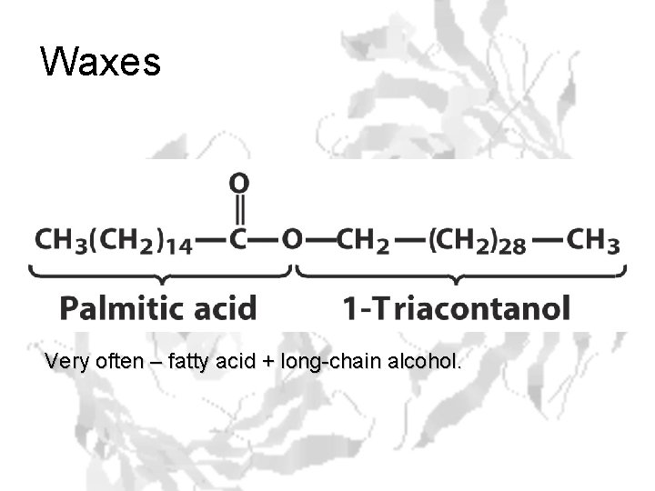 Waxes Very often – fatty acid + long-chain alcohol. 