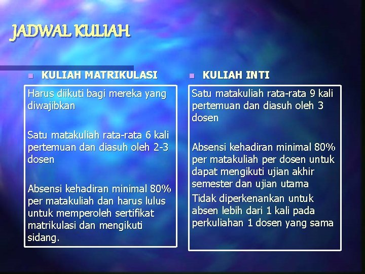 JADWAL KULIAH n KULIAH MATRIKULASI Harus diikuti bagi mereka yang diwajibkan Satu matakuliah rata-rata