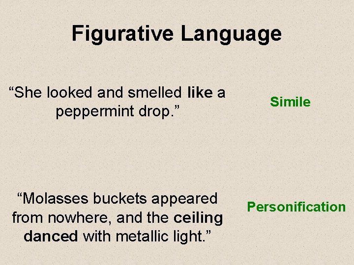 Figurative Language “She looked and smelled like a peppermint drop. ” “Molasses buckets appeared