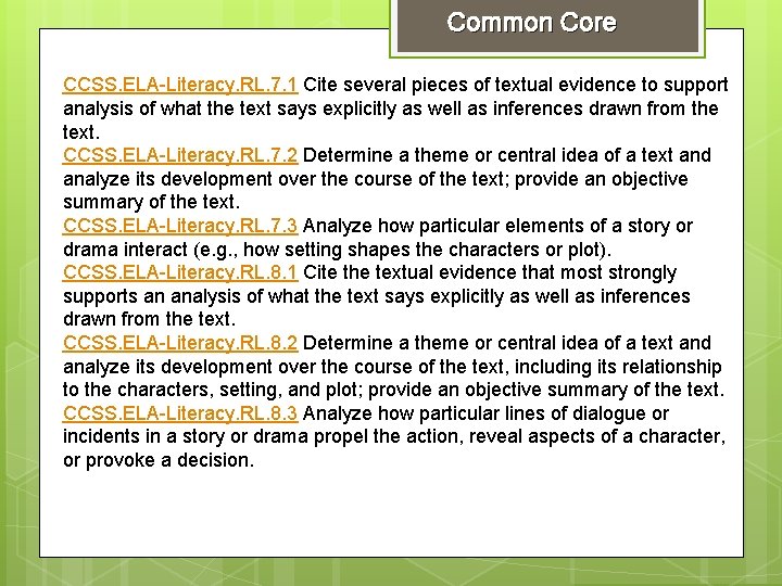 Common Core CCSS. ELA-Literacy. RL. 7. 1 Cite several pieces of textual evidence to