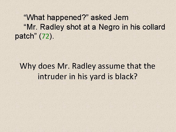 “What happened? ” asked Jem “Mr. Radley shot at a Negro in his collard
