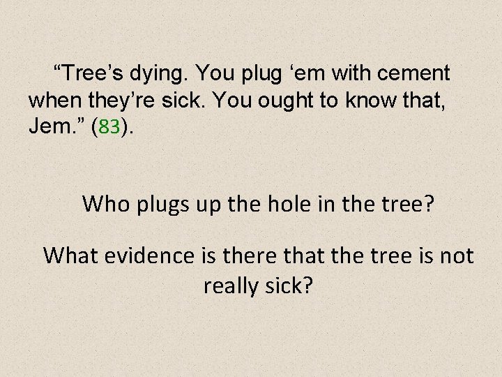 “Tree’s dying. You plug ‘em with cement when they’re sick. You ought to know