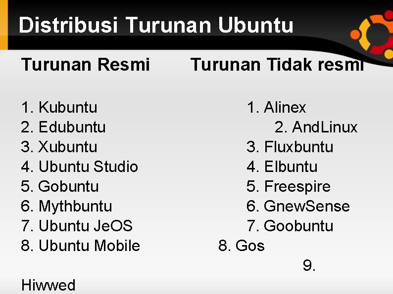 Distribusi Turunan Ubuntu Turunan Resmi 1. Kubuntu 2. Edubuntu 3. Xubuntu 4. Ubuntu Studio