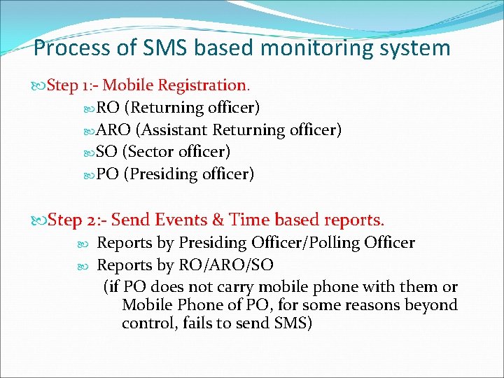 Process of SMS based monitoring system Step 1: - Mobile Registration. RO (Returning officer)
