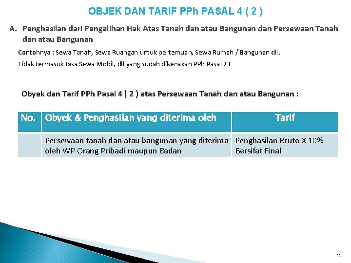 OBJEK DAN TARIF PPh PASAL 4 ( 2 ) A. Penghasilan dari Pengalihan Hak