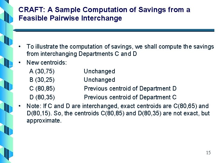 CRAFT: A Sample Computation of Savings from a Feasible Pairwise Interchange • To illustrate