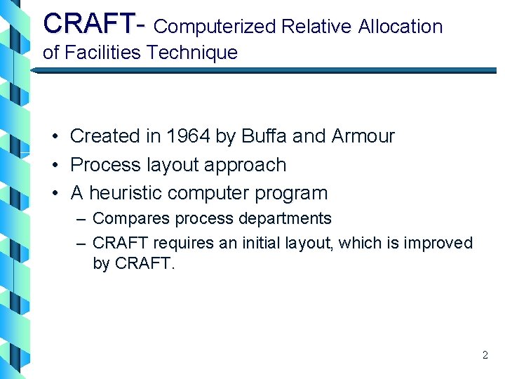 CRAFT- Computerized Relative Allocation of Facilities Technique • • • Created in 1964 by