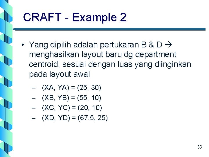 CRAFT - Example 2 • Yang dipilih adalah pertukaran B & D menghasilkan layout