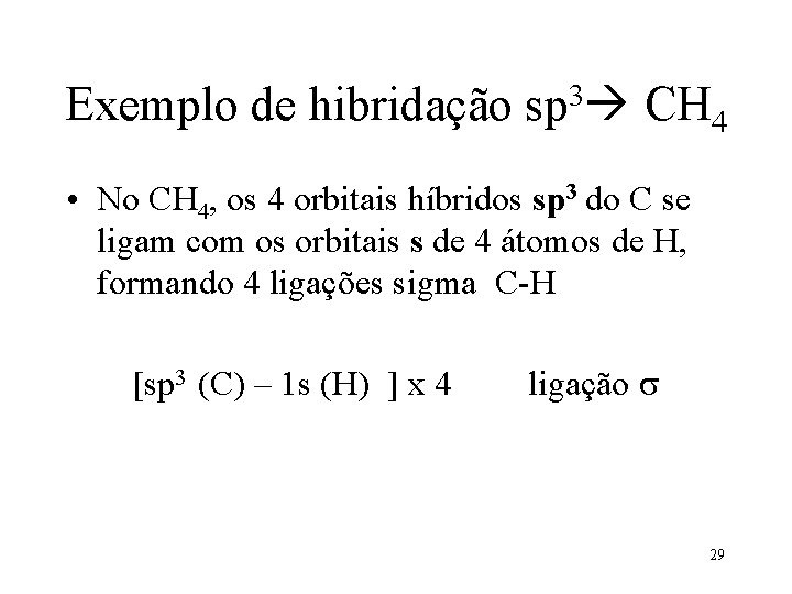 Exemplo de hibridação 3 sp CH 4 • No CH 4, os 4 orbitais