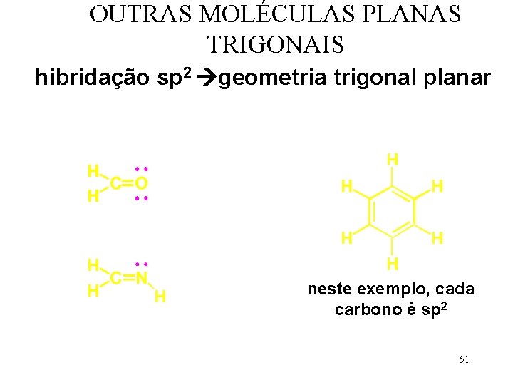 OUTRAS MOLÉCULAS PLANAS TRIGONAIS hibridação sp 2 geometria trigonal planar neste exemplo, cada carbono