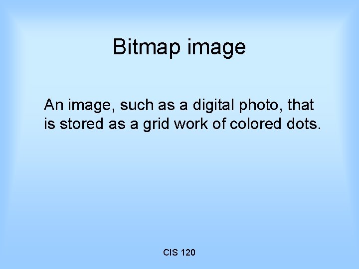 Bitmap image An image, such as a digital photo, that is stored as a