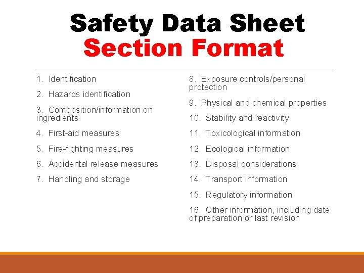 Safety Data Sheet Section Format 1. Identification 2. Hazards identification 3. Composition/information on ingredients