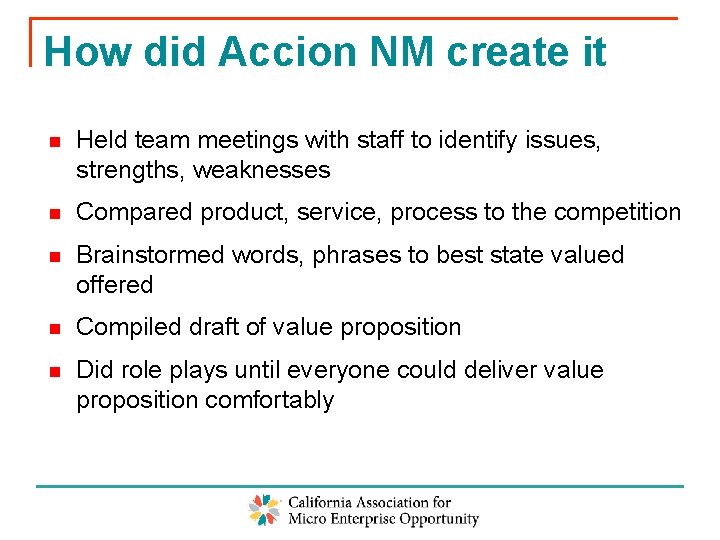 How did Accion NM create it n Held team meetings with staff to identify