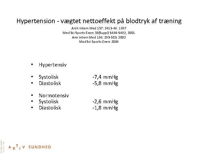 Hypertension - vægtet nettoeffekt på blodtryk af træning Arch Intern Med 157: 2413 -46.