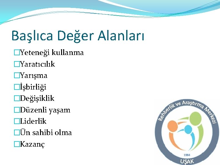 Başlıca Değer Alanları �Yeteneği kullanma �Yaratıcılık �Yarışma �İşbirliği �Değişiklik �Düzenli yaşam �Liderlik �Ün sahibi