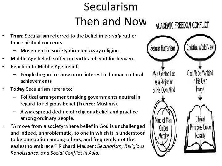 Secularism Then and Now • • • Then: Secularism referred to the belief in