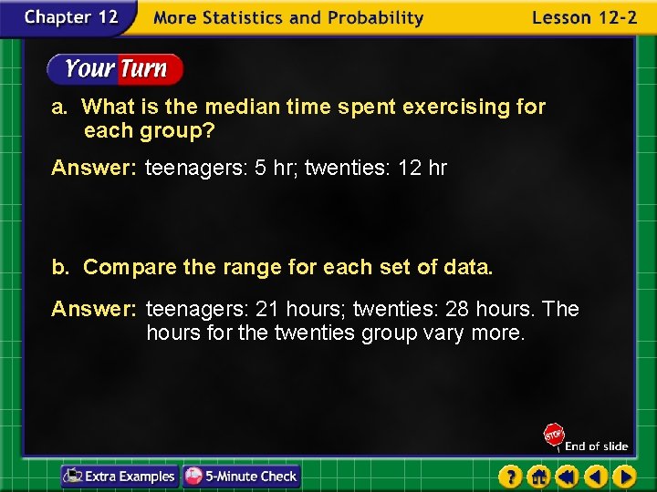 a. What is the median time spent exercising for each group? Answer: teenagers: 5