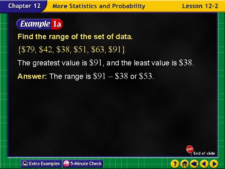 Find the range of the set of data. {$79, $42, $38, $51, $63, $91}