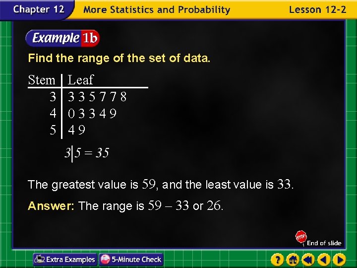 Find the range of the set of data. Stem 3 4 5 Leaf 335778