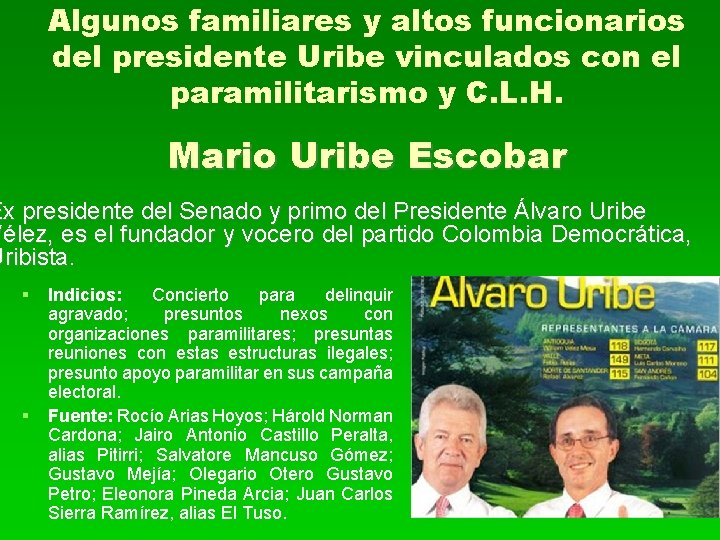 Algunos familiares y altos funcionarios del presidente Uribe vinculados con el paramilitarismo y C.