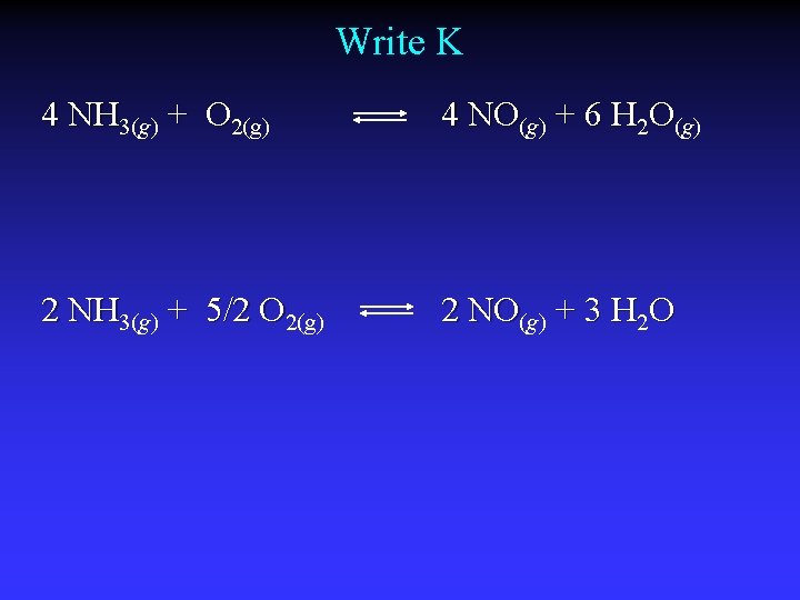 Write K 4 NH 3(g) + O 2(g) 4 NO(g) + 6 H 2