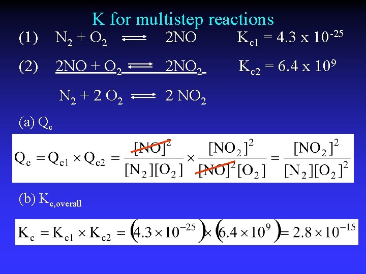 K for multistep reactions (1) N 2 + O 2 2 NO Kc 1