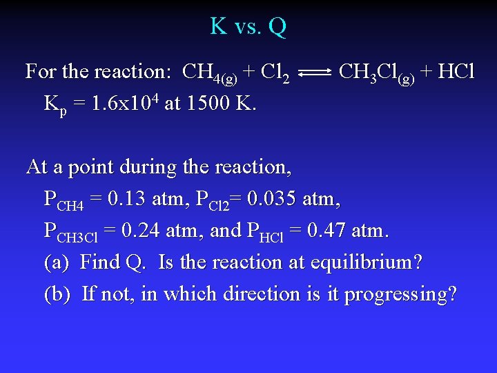 K vs. Q For the reaction: CH 4(g) + Cl 2 Kp = 1.