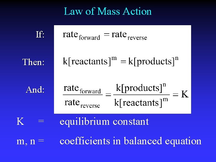 Law of Mass Action If: Then: And: K = m, n = equilibrium constant