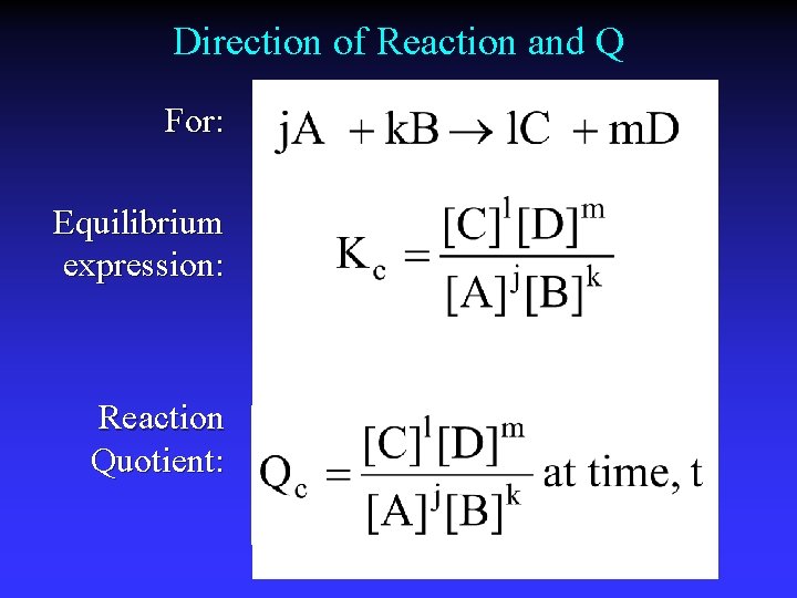 Direction of Reaction and Q For: Equilibrium expression: Reaction Quotient: 