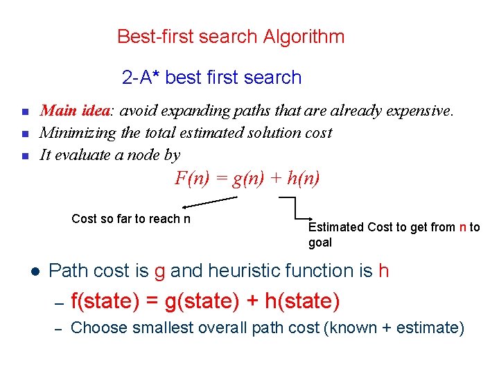 14 Best-first search Algorithm 2 -A* best first search n n n Main idea: