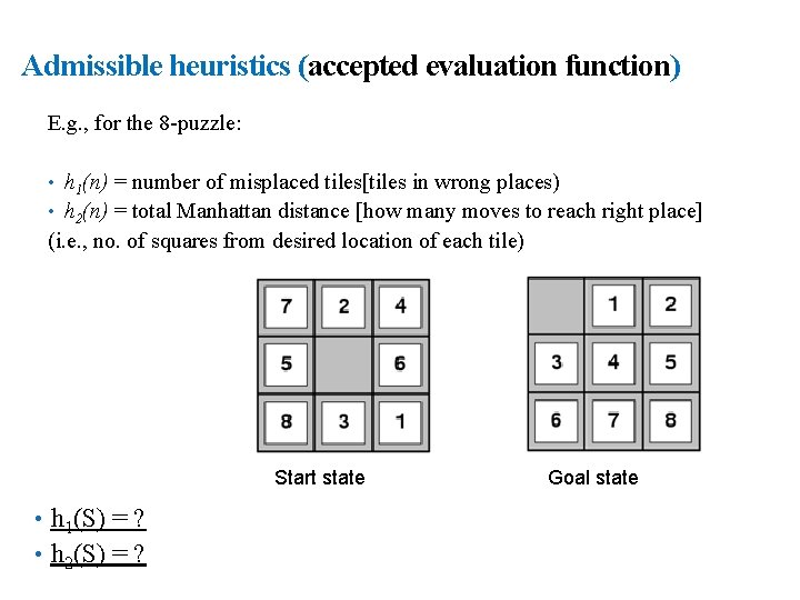 23 Admissible heuristics (accepted evaluation function) E. g. , for the 8 -puzzle: •