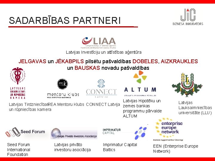 SADARBĪBAS PARTNERI Latvijas Investīciju un attīstības aģentūra JELGAVAS un JĒKABPILS pilsētu pašvaldības DOBELES, AIZKRAUKLES