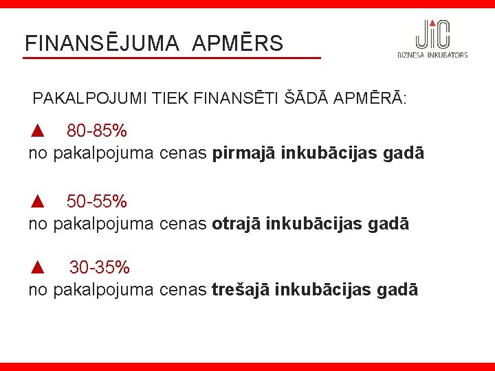 FINANSĒJUMA APMĒRS PAKALPOJUMI TIEK FINANSĒTI ŠĀDĀ APMĒRĀ: ▲ 80 -85% no pakalpojuma cenas pirmajā