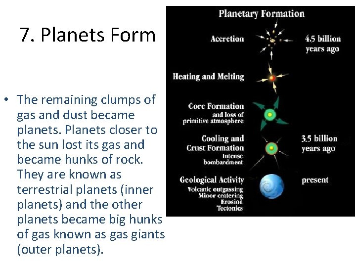 7. Planets Form • The remaining clumps of gas and dust became planets. Planets