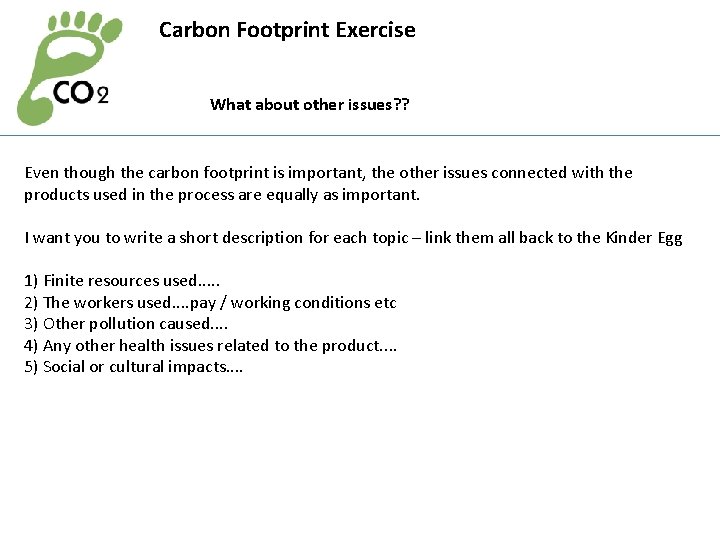 Carbon Footprint Exercise What about other issues? ? Even though the carbon footprint is