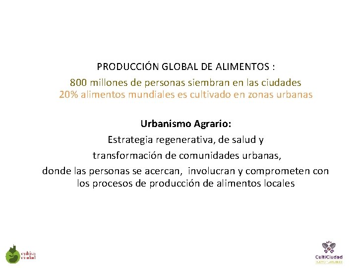 PRODUCCIÓN GLOBAL DE ALIMENTOS : 800 millones de personas siembran en las ciudades 20%