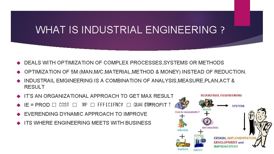 WHAT IS INDUSTRIAL ENGINEERING ? DEALS WITH OPTIMIZATION OF COMPLEX PROCESSES, SYSTEMS OR METHODS